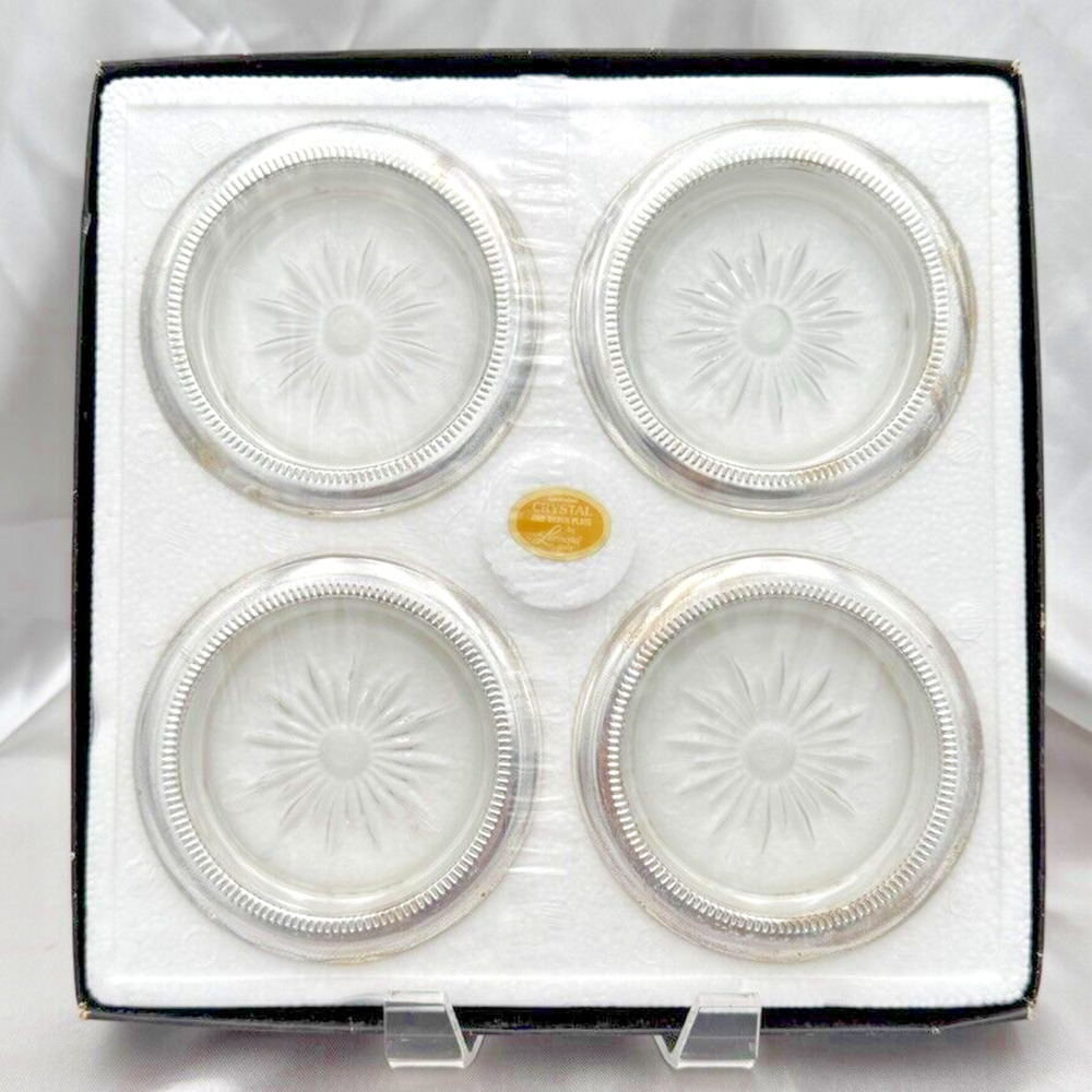 Leonard Silver Mfg Coaster Set Silver Plate and Crystal Italy (Set of 12)